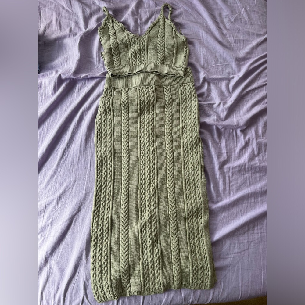 Sage knit crop and midi slit skirt set